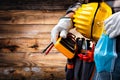 Electrician technician with tool belt and surgical mask on rustic wooden background. Electricity. Covid-19 prevention Royalty Free Stock Photo