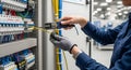 Electrician testing electrical wiring in industrial control panel with multimeter Royalty Free Stock Photo