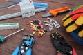 The electrician`s tool is laid out on a table Royalty Free Stock Photo