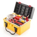 Electrician toolbox yellow with electrical red tools and cables inside on white background Royalty Free Stock Photo