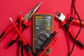 Electrician tools. Electric multimeter, screwdriver and cutters Royalty Free Stock Photo