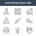 9 electrician tools and icons pack. trendy electrician tools and icons on white background. thin outline line icons such as