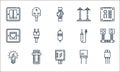 electrician tools and line icons. linear set. quality vector line set such as cable, fuse box, light bulb, capacitor, power,