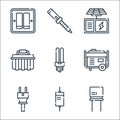 electrician tools and line icons. linear set. quality vector line set such as capacitor, diode, power plug, power, neon, toolbox,