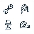 electrician tools and line icons. linear set. quality vector line set such as measure tape, table lamp, cable Royalty Free Stock Photo
