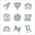 electrician tools and line icons. linear set. quality vector line set such as riveter, alligator, security helmet, cable, watt,