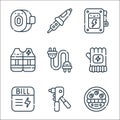 electrician tools and line icons. linear set. quality vector line set such as watt, riveter, electrician service, glove, extension