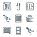 electrician tools and line icons. linear set. quality vector line set such as wire stripper, wall socket, cable, toolbox, circuit