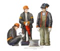 Electrician, welder, jack hammer worker. Builders working on construction works illustration