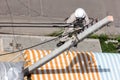 Electrician wiring on a electric pole