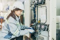 Electrician women worker checking repair maintenance fix service electric system. female electrician engineer setup testing