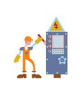 Electrician at work. Man in uniform holding the electrical switch. Concept for banners, infographics or pages. Flat