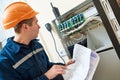 Electrician worker adjusting video surveillance system