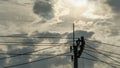 Electrician worker climbing electric power pole to repair the damaged power cable line problems after the storm. Power line Royalty Free Stock Photo