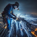 A electrician worker on a high-rise building with a cityscape background, wearing safety gear and working with cables Royalty Free Stock Photo