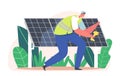 Electrician Worker Installing Solar Panels, Alternative Clean Energy Concept with Engineer Character with Instrument