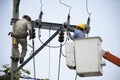 Electrician worker of Metropolitan Electricity Authority working repair electrical system on electricity pillar or Utility pole