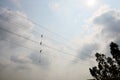 Electrician worker of Metropolitan Electricity Authority working repair electrical system on electricity pillar or Utility pole Royalty Free Stock Photo