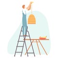 Electrician worker standing on the stairs hangs a chandelier. Man making house or home apartment interior renovation. Cartoon flat