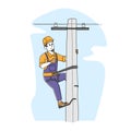 Electrician Worker with Tools and Equipment Climbing on Electric Transmission Tower for Maintenance. Energy Station Royalty Free Stock Photo
