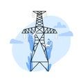 Electrician Workers Characters With Tools And Equipment Work On Electric Transmission Tower. Energy Station Maintenance