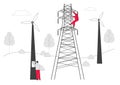 Electrician Workers with Tools and Equipment Electric Transmission Tower Maintenance . Energy Station Powerline in City