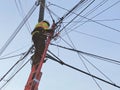 Man Repairing Electricity Telephone Pole Lines