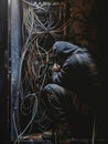 An electrician works on electrical wiring inside an open wall, surrounded by visible cables, connectors, and tools Royalty Free Stock Photo