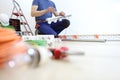 Electrician works with the screwdriver installs the lamps, house electric circuits, electrical wiring. Royalty Free Stock Photo