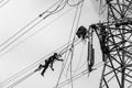 Electricians Hanging Tower Power Cables Black White