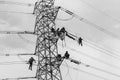 Electricians Hanging Tower Power Cables Black White