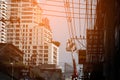 Electricians wiring and repairing wires, workers in buckets, attaching cranes, fixing high-voltage transmission lines.