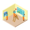 Electricians at work in the room isometric vector concept