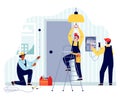 Electricians work with wiring and lighting, flat vector illustration isolated.