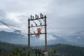 Electricians working high on electricity pole in Vietnam