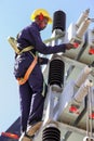 Electricians working on high voltage power lines Royalty Free Stock Photo