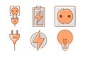 Electricity, energy icon set on white background. Flat style. Isolated. Brown icon set. Royalty Free Stock Photo