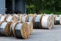 Electricity cable on wooden spools Royalty Free Stock Photo