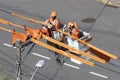 Electricity company employees perform maintenance on distribution line