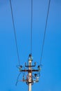Electricity concept, top of a concrete pillar with high voltage wires. Royalty Free Stock Photo