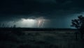 Electricity crackles through ominous storm cloud over rural landscape silhouette generated by AI