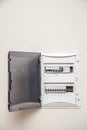 Electricity distribution box. Fusebox. Isolated on apartment wall Royalty Free Stock Photo