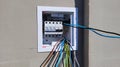 electricity distribution box with wires and circuit breakers Royalty Free Stock Photo