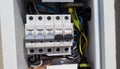 electricity distribution box with wires and circuit breakers Royalty Free Stock Photo