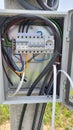 electricity distribution box with wires and circuit breakers fuse box. Selective focus Royalty Free Stock Photo