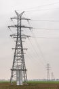 Electricity distribution system. High voltage overhead power line, power pylon, steel lattice tower standing in the field. Blue