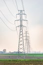 Electricity distribution system. High voltage overhead power line, power pylon, steel lattice tower standing in the field. Royalty Free Stock Photo