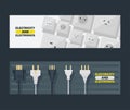 Electricity and electronics set of banners vector illustration. Black and white plugs and electrical outlet. Icon of