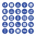 Electricity engineering vector flat glyph icons. Electrical equipment, power socket, torn wire, energy meter, lamp