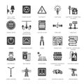 Electricity engineering vector flat glyph icons. Electrical equipment, power socket, torn wire, energy meter, lamp Royalty Free Stock Photo